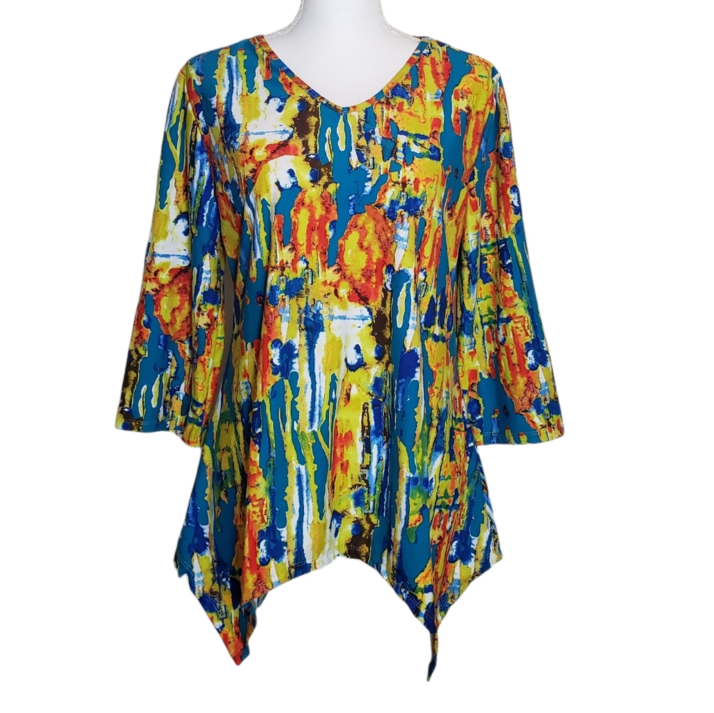 Kaktus Abstract Print Tunic Blouse Size Small Hankerchief Hem Boho Stretchy Top